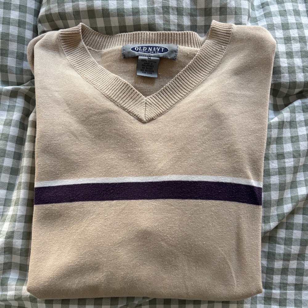 Old Navy Men's Vintage Tan Sweater with Purple Stripe